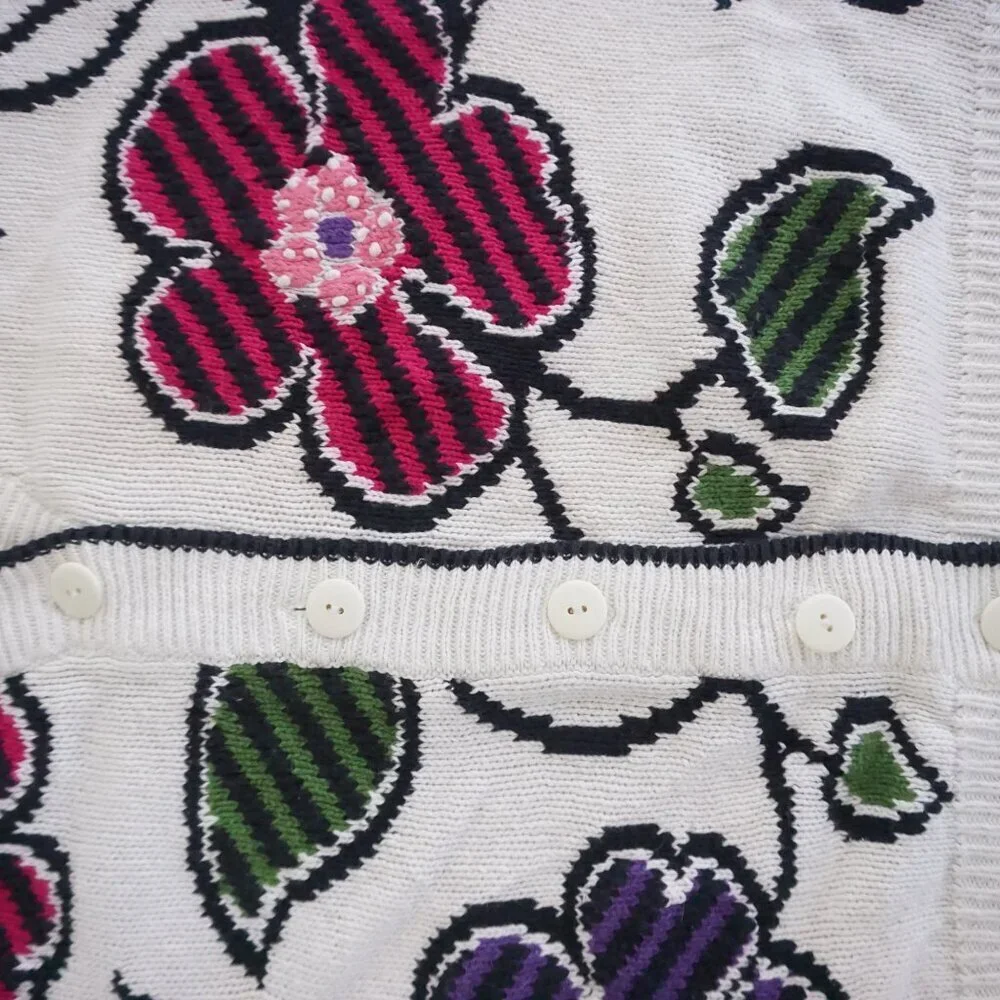 Vintage Herman Geist White Cotton Cardigan Floral Embroidered Grandmacore M - Picture 7 of 11